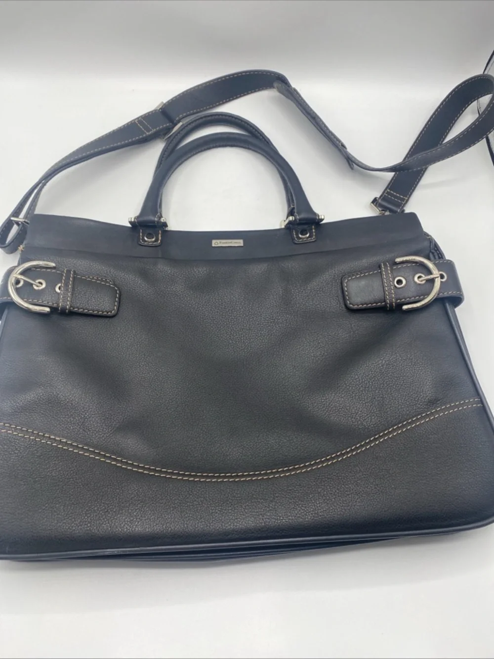 Franklin Covey Leather Messenger Shoulder Laptop Bag Travel Handbag Purse Black
